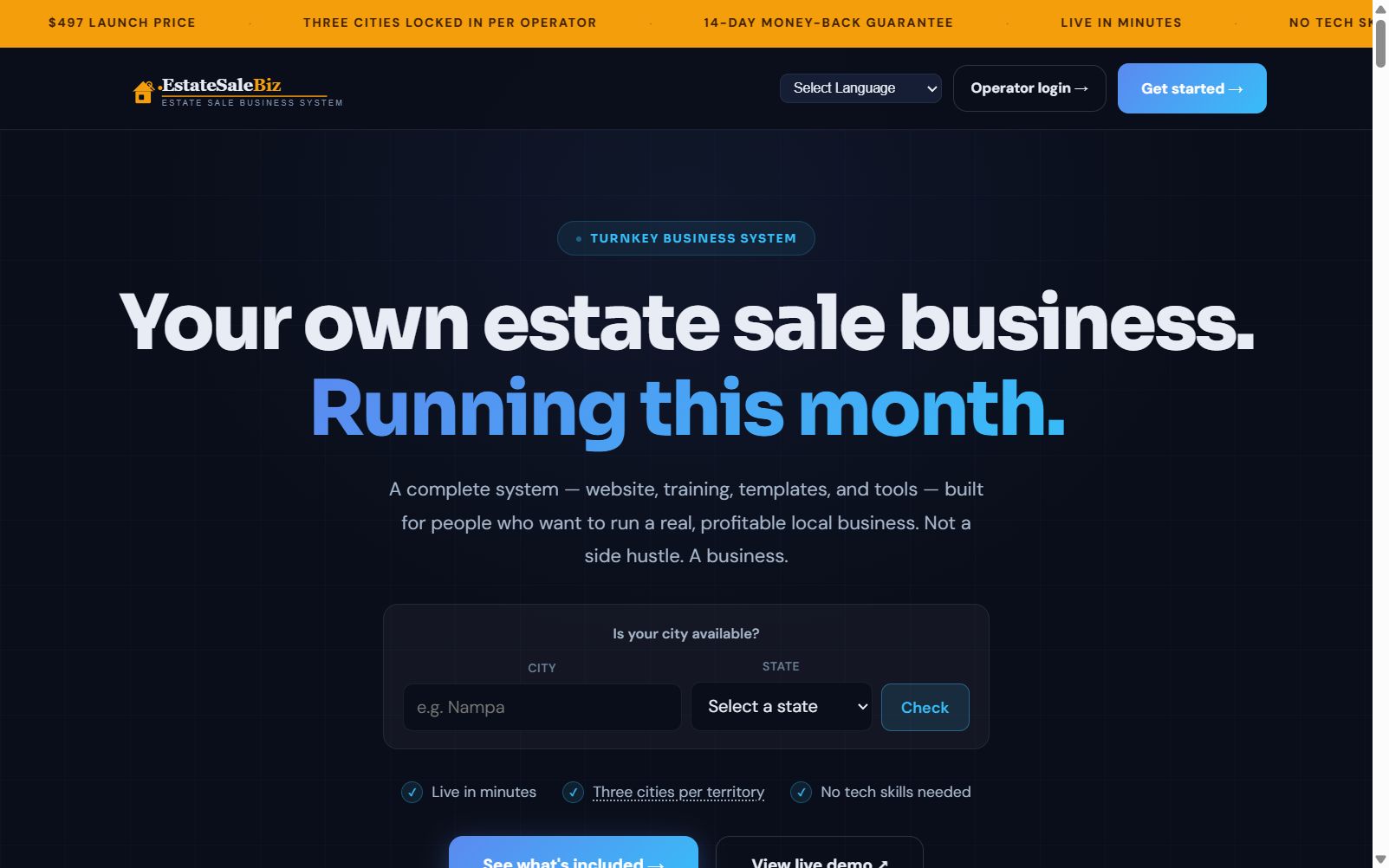 The EstateSaleBiz homepage, showing the estate sale business system and its city availability checker.