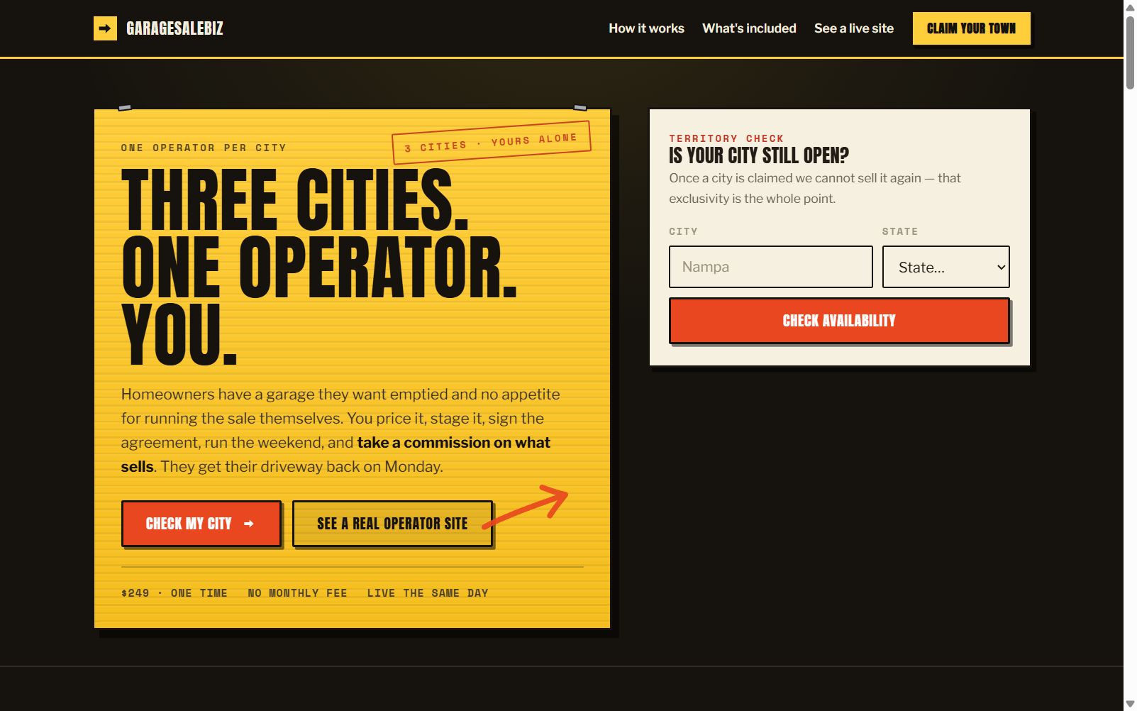The GarageSaleBiz homepage: a yellow yard-sign panel reading Three cities, one operator, you, next to a form for checking whether a city is still available.