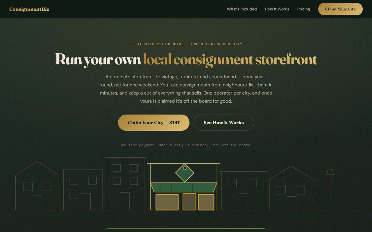 The ConsignmentBiz homepage: a dark green storefront illustration under the headline Run your own local consignment storefront, next to a Claim Your City button.