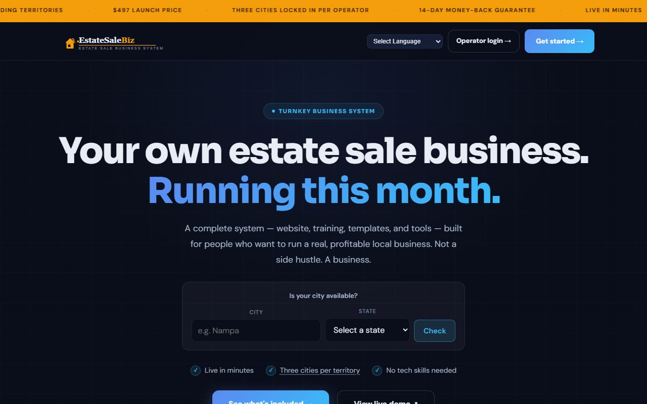 The EstateSaleBiz homepage, showing the estate sale business system and its city availability checker.