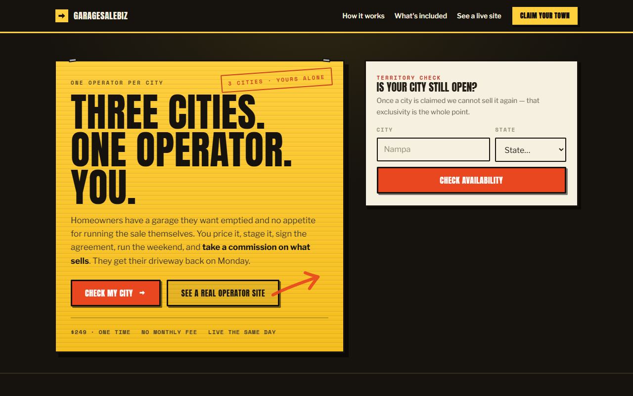 The GarageSaleBiz homepage: a yellow yard-sign panel reading Three cities, one operator, you, next to a form for checking whether a city is still available.
