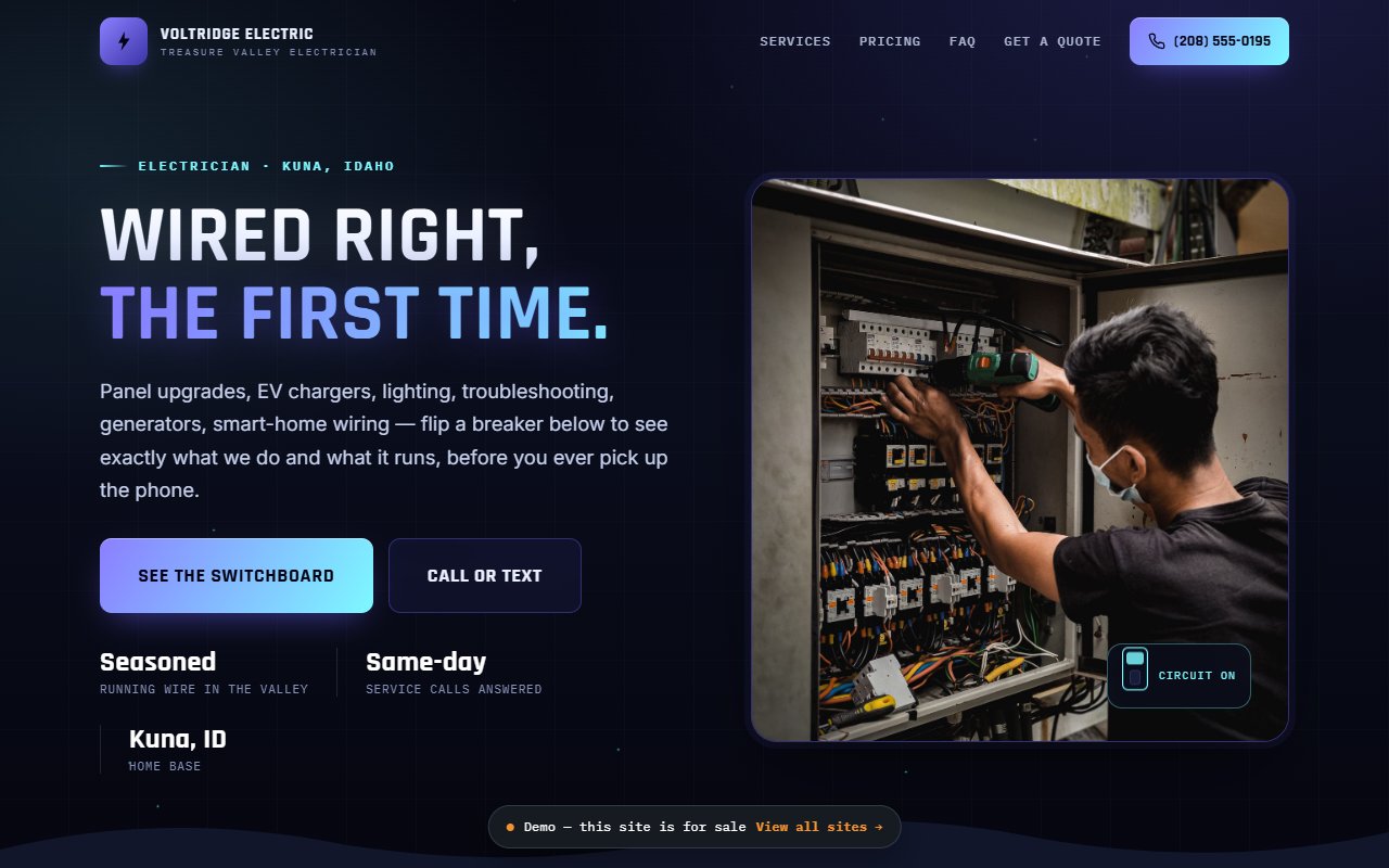 A screenshot of the Electrician demo site.